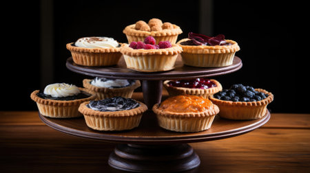 Artistic display of fruit tarts on a dark backgroundの素材