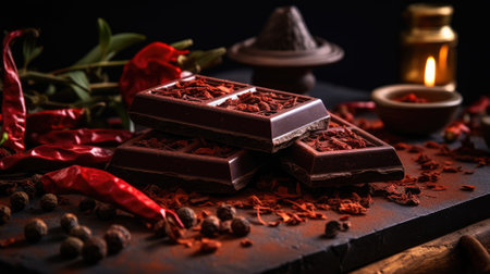 Artisan chocolate with chili flakes on a dark backgroundの素材