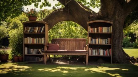 Outdoor reading nook with bookshelves integrated into a large treeの素材
