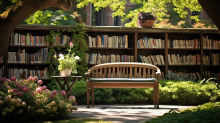 Tranquil outdoor library setting with a bench in a gardenの素材