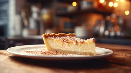 A slice of custard pie dusted with cinnamon on a plateの素材