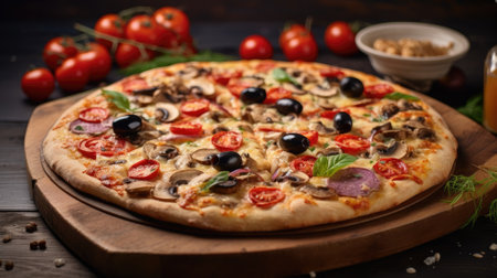 Pizza with mushrooms, olives, and cherry tomatoes on a wooden boardの素材