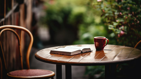 Cozy coffee setting with book on a wooden cafe table outdoorsの素材
