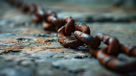 Close-up of a rusty metal chain on a coarse stone surfaceの素材
