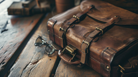 Vintage leather briefcase on an old wooden tableの素材