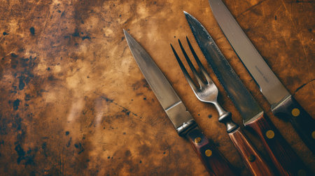 Kitchen knives on a rustic brown textured background, ready for cookingの素材
