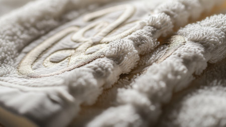 Close-up of a white towel with intricate gold embroideryの素材
