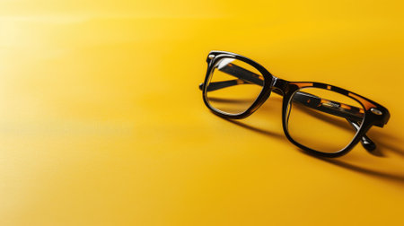 Stylish eyeglasses on a bright yellow background with a shadowの素材