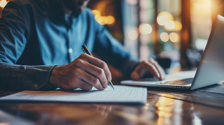 Business professional signing documents at a laptop in a cafeの素材