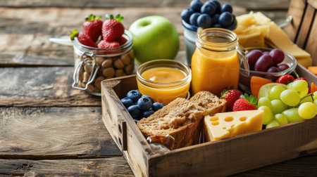 Healthy breakfast spread on a rustic tableの素材