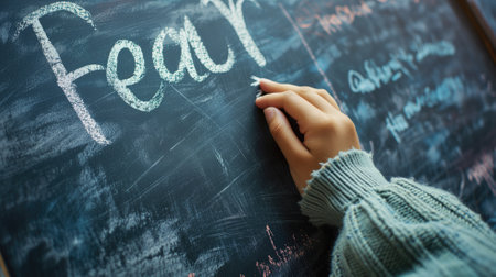 Hand writing the word "Fear" on a chalkboardの素材