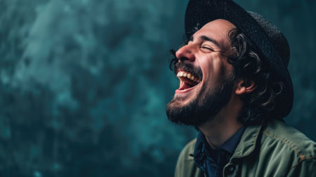 Man laughing heartily wearing a hat and suspendersの素材