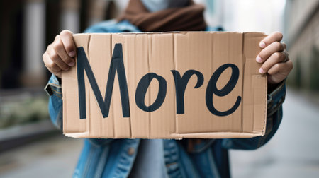 Person holding a cardboard sign with "More" written on itの素材