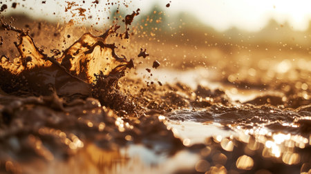 Dynamic mud splash captured with a sunset backlightの素材