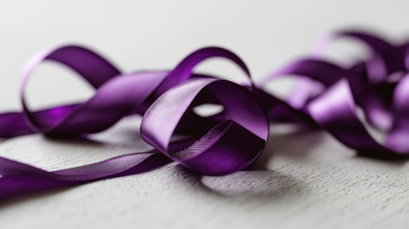 Tangled purple ribbon on a white surfaceの素材