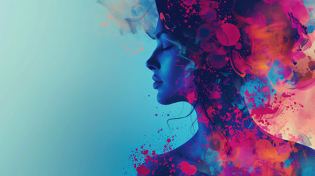 Colorful artistic silhouette of a woman's profileの素材