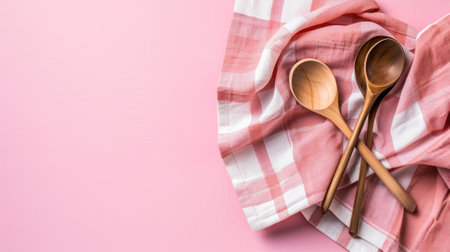 Wooden spoons on a checkered pink napkinの素材