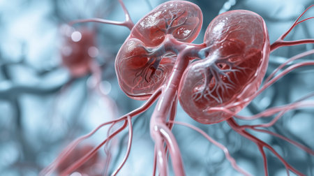 Detailed human kidney anatomy illustration on a blue backgroundの素材