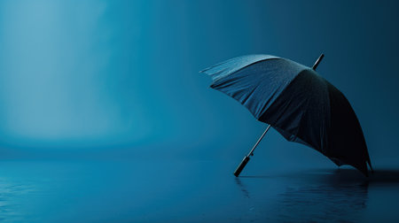 Black umbrella on wet blue surface with dropletsの素材