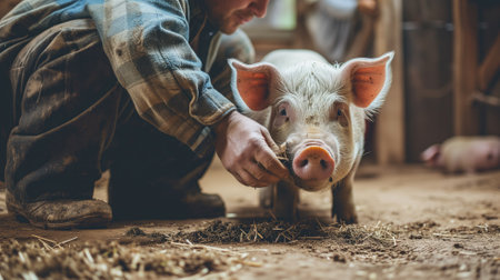 Farmer feeding a piglet in a barnの素材