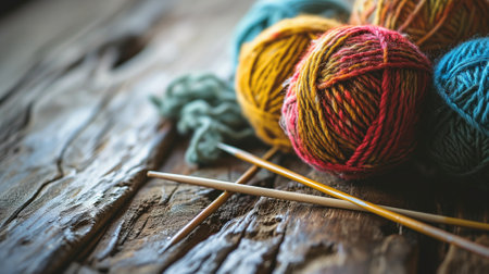 Colorful balls of yarn and knitting needles on woodの素材