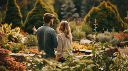 A couple from behind looking at a lush garden landscapeの素材