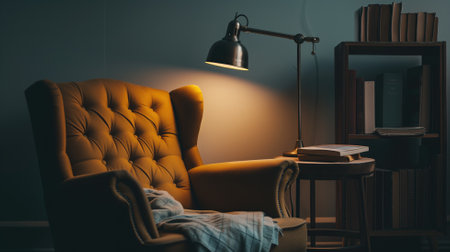 Comfortable reading nook with armchair, lamp, and books in a dimly lit roomの素材