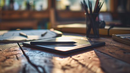 Graphic tablet and stylus on a wooden tableの素材
