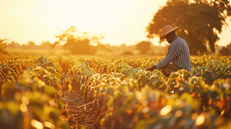 Farmer inspecting tobacco plants at sunsetの素材