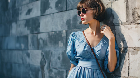 Stylish woman in sunglasses leaning against a wallの素材