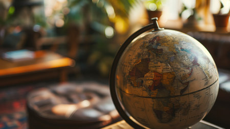 A vintage globe in a warm indoor settingの素材