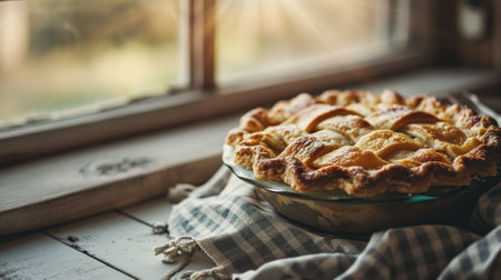 Sunlit freshly baked apple pie near windowの素材