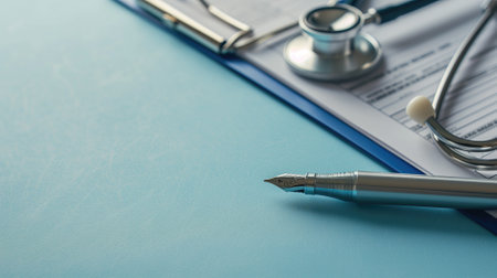 Stethoscope and pen on a blue medical clipboardの素材