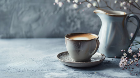 Cup of coffee with pitcher and flowers on a textured tableの素材