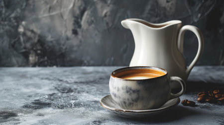 Ceramic cup of coffee with a milk jug on a gray surfaceの素材