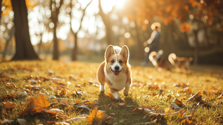 A joyful Corgi dog running through a park with autumn leavesの素材