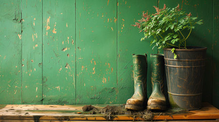 Muddy boots and plant in a bucket against a green wallの素材
