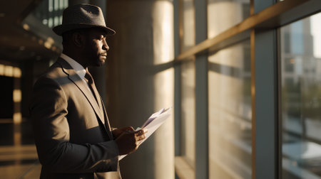 Businessman with papers standing by the windowの素材