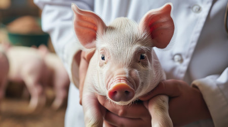 Newborn piglet held by a vetの素材