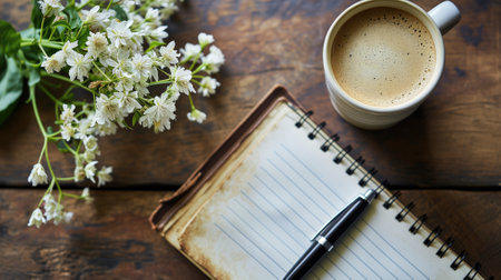 Open notebook with coffee and white flowers on a wooden tableの素材
