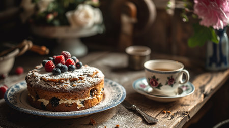 Berry cake on vintage plate with tea on rustic wooden tableの素材