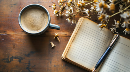 Coffee mug beside a notebook and withered flowers on woodの素材