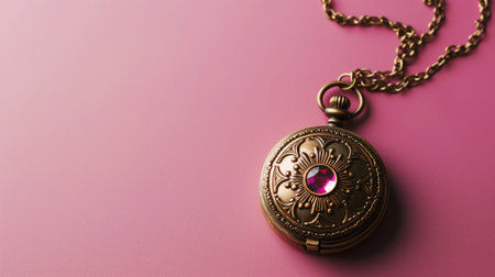 Vintage pocket watch with ornate design on pinkの素材