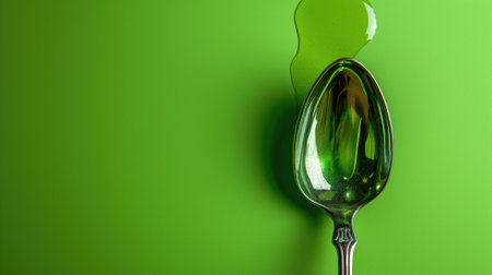 Green jelly spilling from a silver spoonの素材