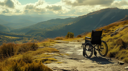 A wheelchair facing a mountain vista under a cloudy skyの素材