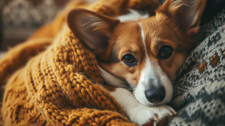 Corgi dog wrapped in a cozy yellow blanketの素材