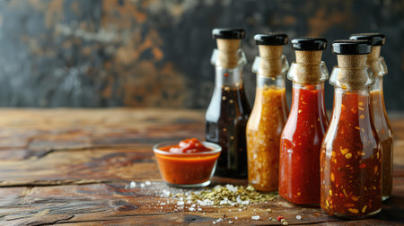 Variety of spicy sauces in glass bottles on woodの素材