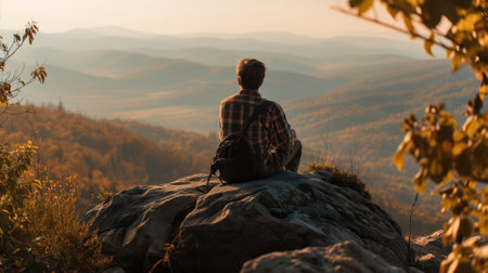Person sitting on a rock overlooking a serene mountain range at sunsetの素材