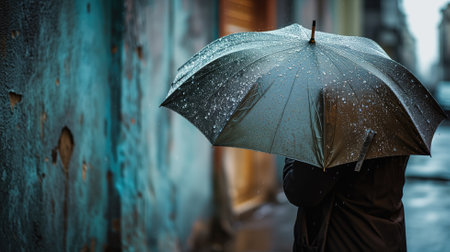 Person with umbrella on rainy city streetの素材