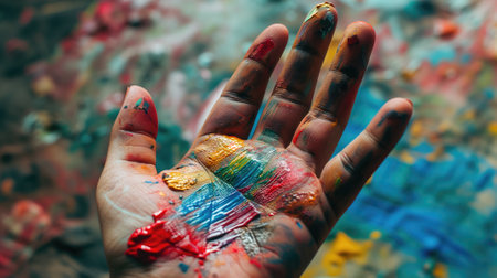 A hand with multicolored paint against an artistic backdropの素材